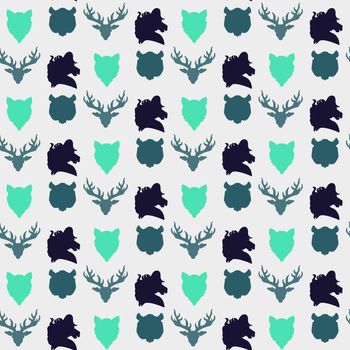 Wildlife seamless pattern. Zoo ornament for print, fabric, cloth, child items and wrap. Nature fauna wallpaper. Silhouettes head animals background. Vector