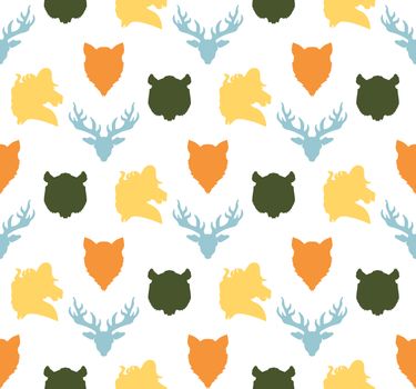 Wildlife seamless pattern. Zoo ornament for print, fabric, cloth, child items and wrap. Nature fauna wallpaper. Silhouettes head animals background. Vector