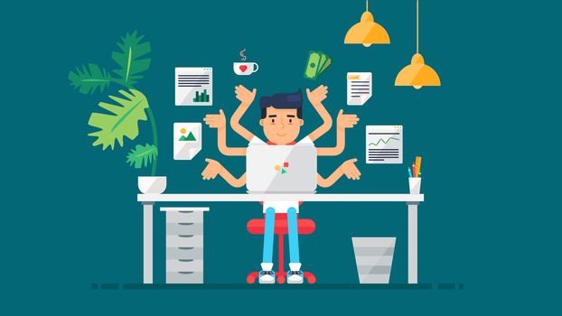 Workspace of Professional Working Developer, Programmer, System Administrator or Designer with desk, chair, notebook Business project or startup concept. Employee office workplace. Vector