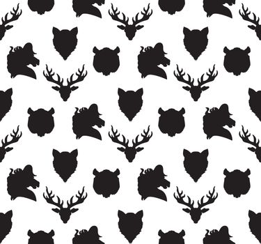 Wildlife seamless pattern. Zoo ornament for print, fabric, cloth, child items and wrap. Nature fauna wallpaper. Silhouettes head animals background. Vector