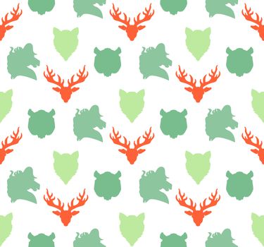 Wildlife seamless pattern. Zoo ornament for print, fabric, cloth, child items and wrap. Nature fauna wallpaper. Silhouettes head animals background. Vector