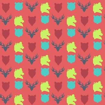 Wildlife seamless pattern. Zoo ornament for print, fabric, cloth, child items and wrap. Nature fauna wallpaper. Silhouettes head animals background. Vector