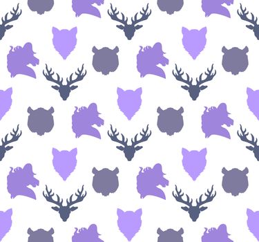 Wildlife seamless pattern. Zoo ornament for print, fabric, cloth, child items and wrap. Nature fauna wallpaper. Silhouettes head animals background. Vector