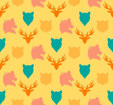 Wildlife seamless pattern. Zoo ornament for print, fabric, cloth, child items and wrap. Nature fauna wallpaper. Silhouettes head animals background. Vector