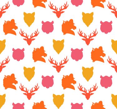 Wildlife seamless pattern. Zoo ornament for print, fabric, cloth, child items and wrap. Nature fauna wallpaper. Silhouettes head animals background. Vector