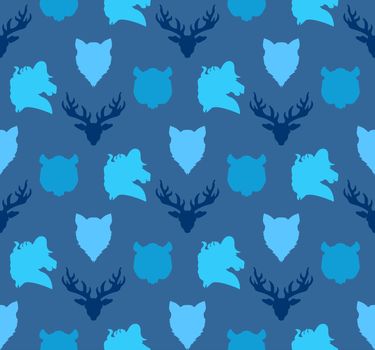 Wildlife seamless pattern. Zoo ornament for print, fabric, cloth, child items and wrap. Nature fauna wallpaper. Silhouettes head animals background. Vector