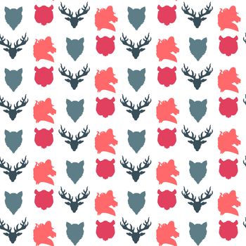 Wildlife seamless pattern. Zoo ornament for print, fabric, cloth, child items and wrap. Nature fauna wallpaper. Silhouettes head animals background. Vector