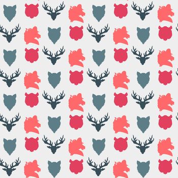 Wildlife seamless pattern. Zoo ornament for print, fabric, cloth, child items and wrap. Nature fauna wallpaper. Silhouettes head animals background. Vector