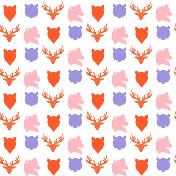 Wildlife seamless pattern. Zoo ornament for print, fabric, cloth, child items and wrap. Nature fauna wallpaper. Silhouettes head animals background. Vector