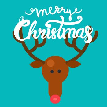 Merry Christmas Hand Drawn Lettering with Happy Deer illustration. Xmas Design Label Elements for holiday invitation, greeting, card and headline, title, sticker, emblem, print, magnet. Vector