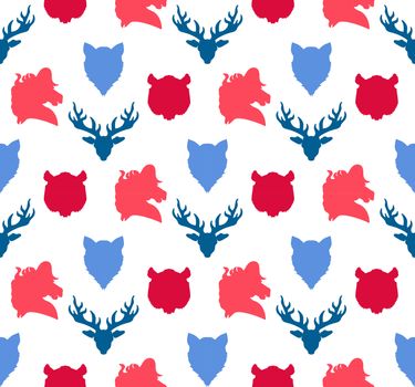 Wildlife seamless pattern. Zoo ornament for print, fabric, cloth, child items and wrap. Nature fauna wallpaper. Silhouettes head animals background. Vector