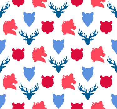 Wildlife seamless pattern. Zoo ornament for print, fabric, cloth, child items and wrap. Nature fauna wallpaper. Silhouettes head animals background. Vector