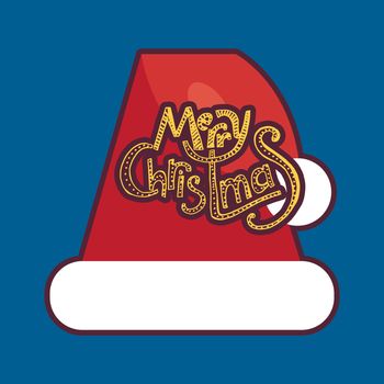 Merry Christmas Hand Drawn Lettering with Santa Claus Hat Illustration. Xmas Design Label Elements for holiday invitation, greeting, card and headline, title, sticker, emblem, print, magnet. Vector
