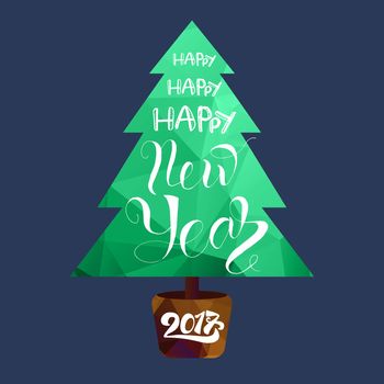 Happy New 2017 Year Lettering in Christmas tree. Winter holiday illustration. Xmas Design Label Elements for invitation, greeting, card and headline, title, sticker, emblem, print, magnet. Vector