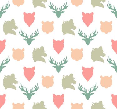 Wildlife seamless pattern. Zoo ornament for print, fabric, cloth, child items and wrap. Nature fauna wallpaper. Silhouettes head animals background. Vector