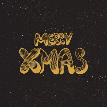 Merry Christmas Gold Hand Drawn Lettering. Happy New Year illustration. Xmas Design Label Elements for holiday invitation, greeting, card and headline, title, sticker, emblem, print, magnet. Vector