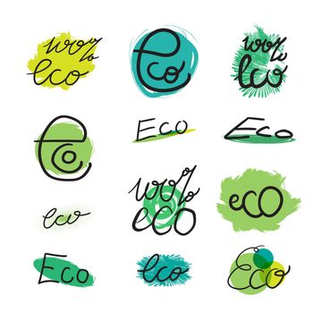 Hand drawn ecology and 100 percents natural lettering. Isolated grunge sticker or nature icon of quality for banner, web, card, print. Eco design. Vector