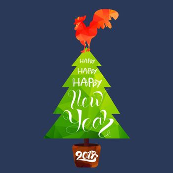 Happy New 2017 Year Lettering in Christmas Tree With Cock. Winter holiday illustration. Xmas Design Label Elements for invitation, greeting card and title, sticker, emblem, print, magnet. Vector