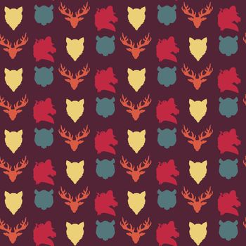 Wildlife seamless pattern. Zoo ornament for print, fabric, cloth, child items and wrap. Nature fauna wallpaper. Silhouettes head animals background. Vector