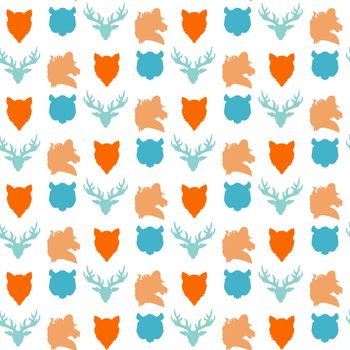 Wildlife seamless pattern. Zoo ornament for print, fabric, cloth, child items and wrap. Nature fauna wallpaper. Silhouettes head animals background. Vector
