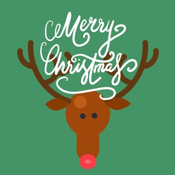 Merry Christmas Hand Drawn Lettering with Happy Deer illustration. Xmas Design Label Elements for holiday invitation, greeting, card and headline, title, sticker, emblem, print, magnet. Vector