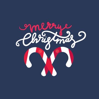 Merry Christmas Hand Drawn Lettering with caramel stick illustration. Xmas Design Label Elements for holiday invitation, greeting, card and headline, title, sticker, emblem, print, magnet. Vector