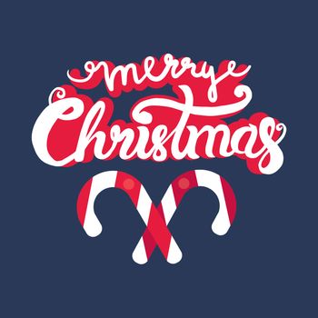 Merry Christmas Hand Drawn Lettering with caramel stick illustration. Xmas Design Label Elements for holiday invitation, greeting, card and headline, title, sticker, emblem, print, magnet. Vector