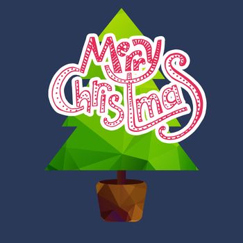 Merry Christmas Lettering in Christmas tree. Happy New Year illustration. Xmas Design Label Elements for holiday invitation, greeting, card and headline, title, sticker, emblem, print, magnet. Vector