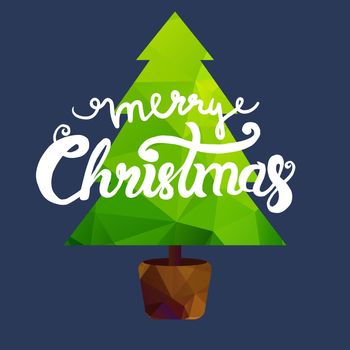 Merry Christmas Lettering in Christmas tree. Happy New Year illustration. Xmas Design Label Elements for holiday invitation, greeting, card and headline, title, sticker, emblem, print, magnet. Vector
