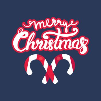Merry Christmas Hand Drawn Lettering with caramel stick illustration. Xmas Design Label Elements for holiday invitation, greeting, card and headline, title, sticker, emblem, print, magnet. Vector