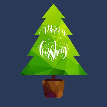 Merry Christmas Lettering in Christmas tree. Happy New Year illustration. Xmas Design Label Elements for holiday invitation, greeting, card and headline, title, sticker, emblem, print, magnet. Vector