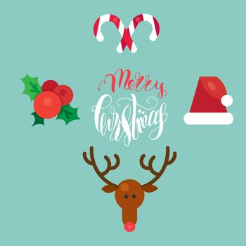 Merry Christmas Hand Drawn Lettering with Happy Deer, Santa Claus Hat, Holly berries, Caramel Wand. Xmas Design Label Elements for invitation, greeting, card and title, sticker, emblem, print. Vector
