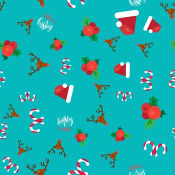 Merry Christmas Seamless Pattern With Hand Drawn Lettering, Happy Xmas Deer, Santa Claus Hat, Holly berries, Caramel Wand. Design Elements for invitation, greeting, card and sticker, print. Vector