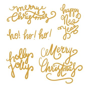 Merry Christmas Gold Hand Drawn Lettering. Happy New Year illustration. Xmas Design Label Elements for holiday invitation, greeting, card and headline, title, sticker, emblem, print, magnet. Vector