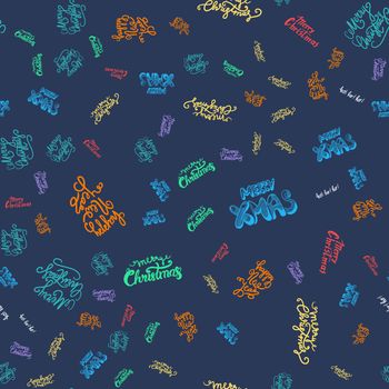 Merry Christmas Seamless Pattern With Hand Drawn Lettering. Xmas Design Label Elements for holiday invitation, greeting, card and fabric, backdrop, sticker, wallpaper, print. Vector