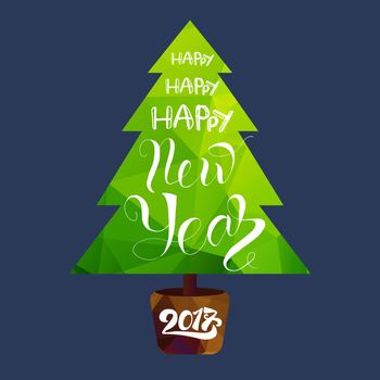 Happy New 2017 Year Lettering in Christmas tree. Winter holiday illustration. Xmas Design Label Elements for invitation, greeting, card and headline, title, sticker, emblem, print, magnet. Vector