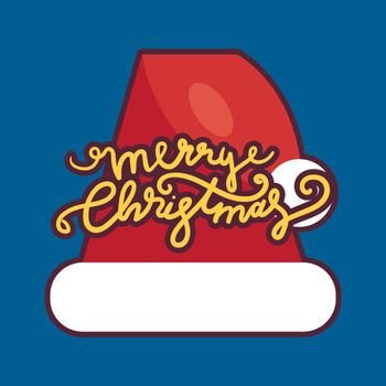Merry Christmas Hand Drawn Lettering with Santa Claus Hat Illustration. Xmas Design Label Elements for holiday invitation, greeting, card and headline, title, sticker, emblem, print, magnet. Vector