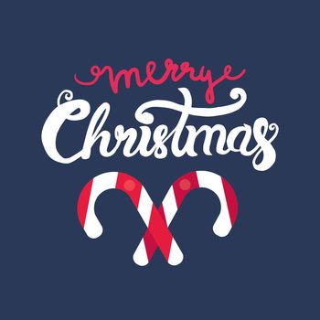 Merry Christmas Hand Drawn Lettering with caramel stick illustration. Xmas Design Label Elements for holiday invitation, greeting, card and headline, title, sticker, emblem, print, magnet. Vector