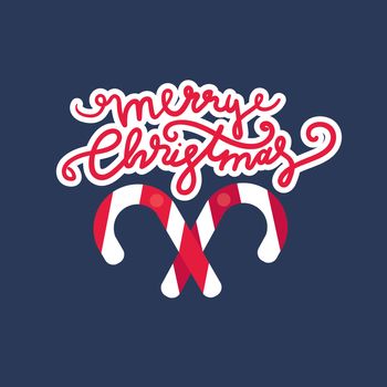 Merry Christmas Hand Drawn Lettering with caramel stick illustration. Xmas Design Label Elements for holiday invitation, greeting, card and headline, title, sticker, emblem, print, magnet. Vector