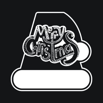 Merry Christmas Hand Drawn Lettering with Santa Claus Hat Illustration. Xmas Design Label Elements for holiday invitation, greeting, card and headline, title, sticker, emblem, print, magnet. Vector