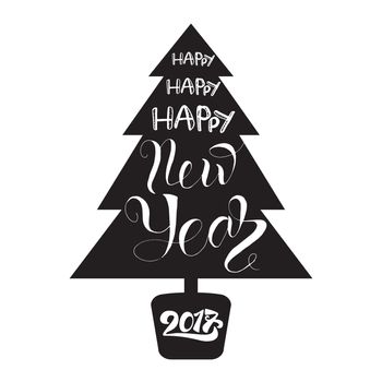 Happy New 2017 Year Lettering in Christmas tree. Winter holiday illustration. Xmas Design Label Elements for invitation, greeting, card and headline, title, sticker, emblem, print, magnet. Vector