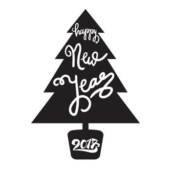 Happy New 2017 Year Lettering in Christmas tree. Winter holiday illustration. Xmas Design Label Elements for invitation, greeting, card and headline, title, sticker, emblem, print, magnet. Vector