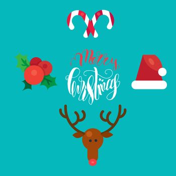 Merry Christmas Hand Drawn Lettering with Happy Deer, Santa Claus Hat, Holly berries, Caramel Wand. Xmas Design Label Elements for invitation, greeting, card and title, sticker, emblem, print. Vector