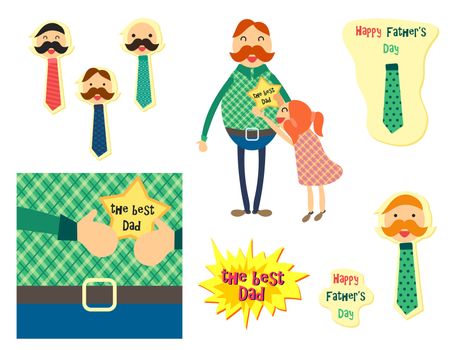 Happy Fathers Day concept with happy father and his daughter. Dad with tie for sticker, banner, web, poster, print. Vector
