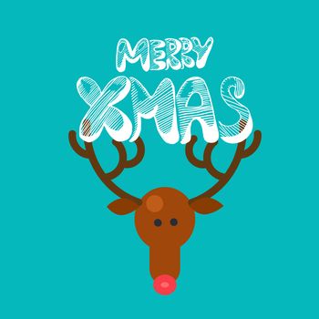 Merry Christmas Hand Drawn Lettering with Happy Deer illustration. Xmas Design Label Elements for holiday invitation, greeting, card and headline, title, sticker, emblem, print, magnet. Vector