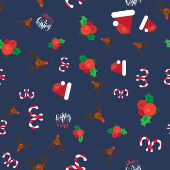 Merry Christmas Seamless Pattern With Hand Drawn Lettering, Happy Xmas Deer, Santa Claus Hat, Holly berries, Caramel Wand. Design Elements for invitation, greeting, card and sticker, print. Vector