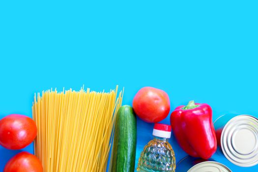 A set of essential donation products. Product Layout. Pasta, vegetables, vegetable oil and canned food