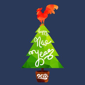 Happy New 2017 Year Lettering in Christmas Tree With Cock. Winter holiday illustration. Xmas Design Label Elements for invitation, greeting card and title, sticker, emblem, print, magnet. Vector