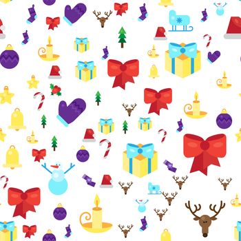 Merry Christmas Seamless Pattern With Gift, Happy Xmas Deer, Santa Claus Hat, Holly berries, Caramel Wand. Design Background Elements for invitation, greeting, card and sticker, print. Vector