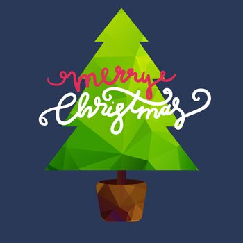 Merry Christmas Lettering in Christmas tree. Happy New Year illustration. Xmas Design Label Elements for holiday invitation, greeting, card and headline, title, sticker, emblem, print, magnet. Vector